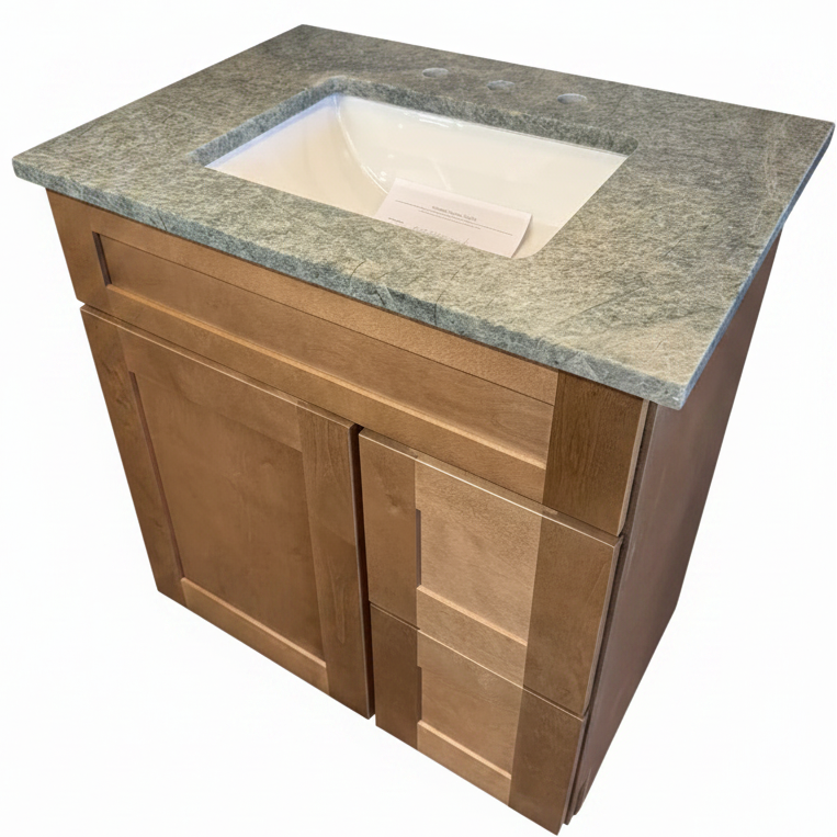 31" Cab-Tec Shaker Carmel Vanity Right Drawers with 31" Cosmos Esmeralda 2.7 Cm