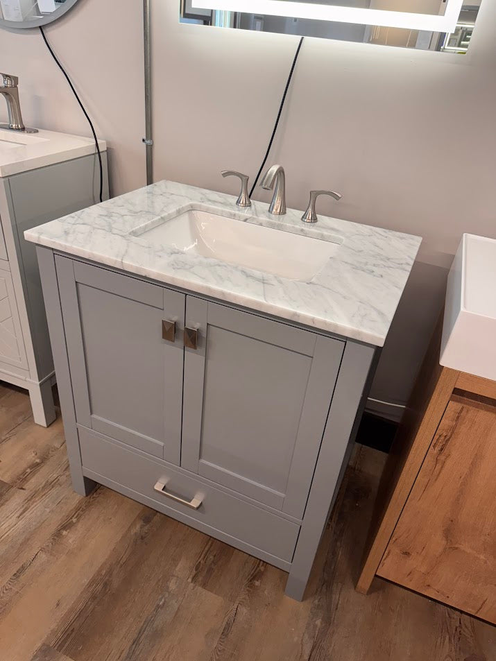 31" Geneva Metal Grey Vanity with White Carrara Marble Counter-Top, Gerber Brushed Nickel Faucet, and *Optional* Lyra LED Mirror