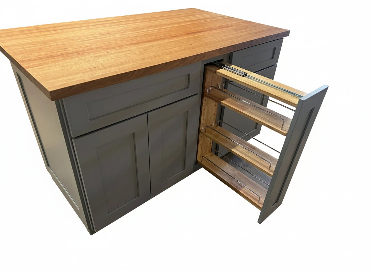 60" x 36" Solid Wood Gray Kitchen Island – John Boos 1.5" Cherry Top, Soft-Close Drawers, Full Storage Layout, 360° Furniture Finish