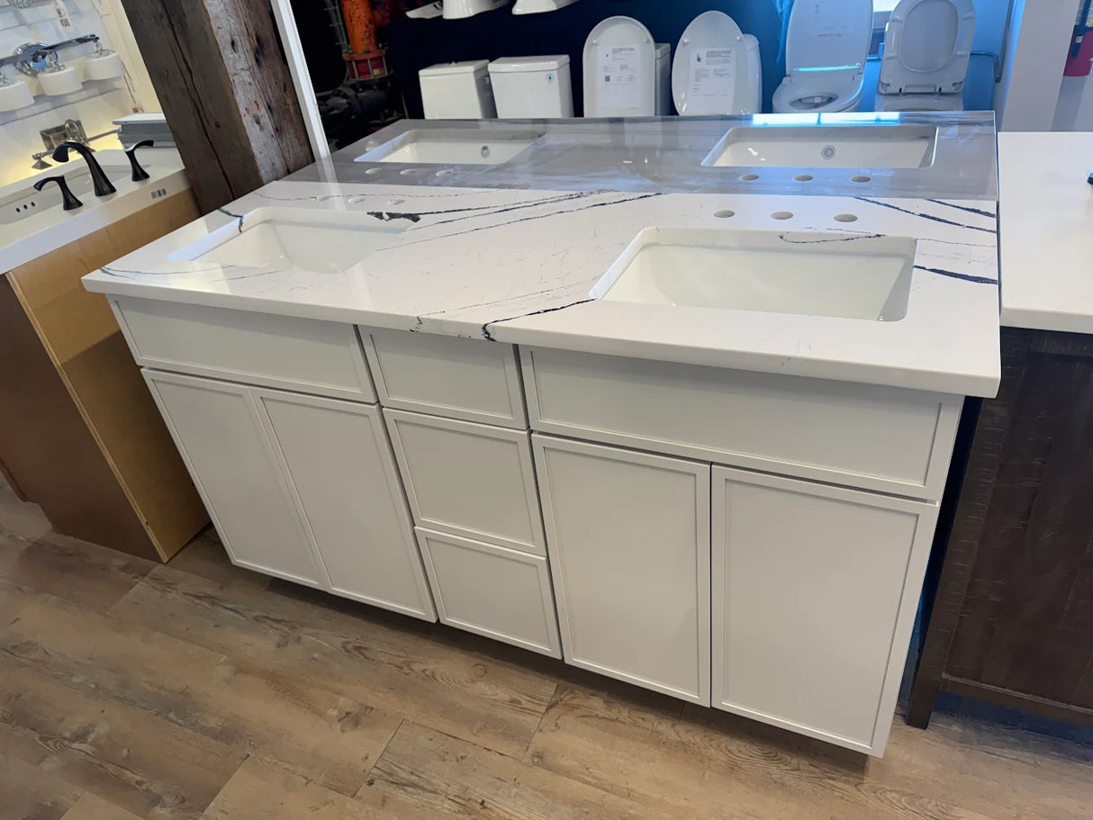 60" Shaker Dove Double Vanity by Cab-Tec – Solid Wood, Soft Close, Cambria Quartz – Floor Model