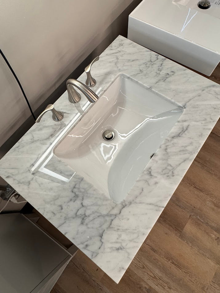 31" Geneva Metal Grey Vanity with White Carrara Marble Counter-Top, Gerber Brushed Nickel Faucet, and *Optional* Lyra LED Mirror