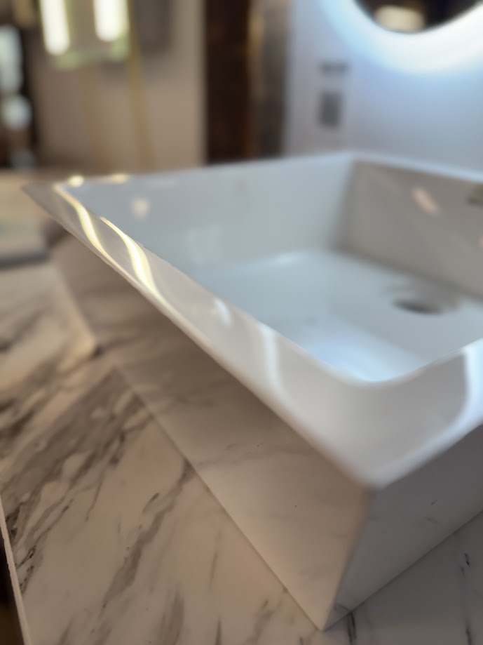 72" Modern Sleek Wall-Mount Vanity Set with White Vanity Top and Two Solid Surface Vessel Sinks