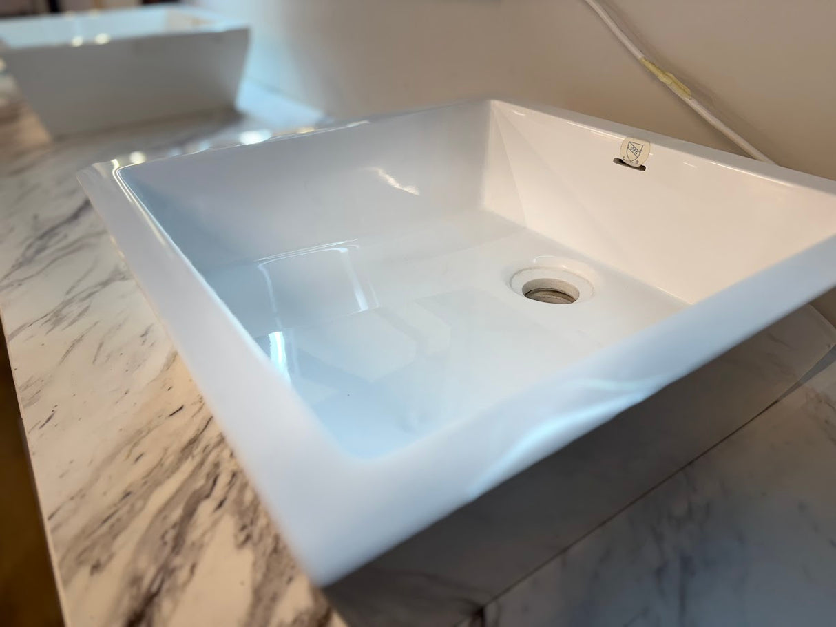 72" Modern Sleek Wall-Mount Vanity Set with White Vanity Top and Two Solid Surface Vessel Sinks