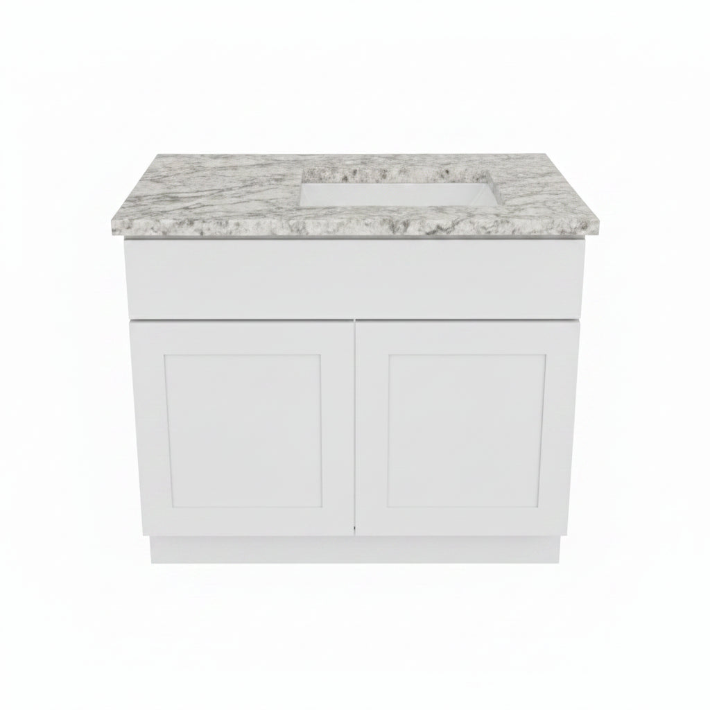 38" Gray Shaker KCD Vanity W/ 38" Right Sided Leathered Fantasy Brown Vanity Top And Serenity Sink