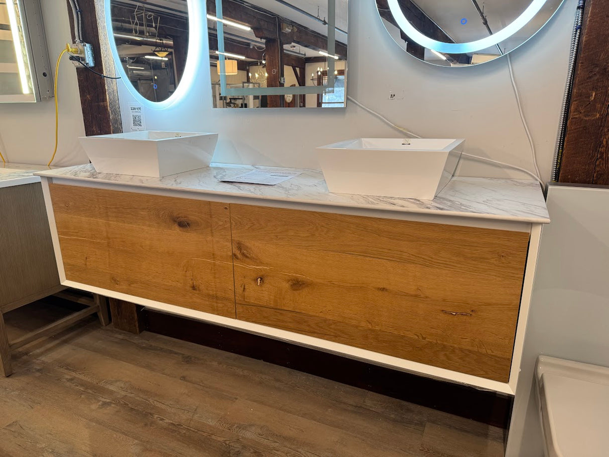 72" Modern Sleek Wall-Mount Vanity Set with White Vanity Top and Two Solid Surface Vessel Sinks