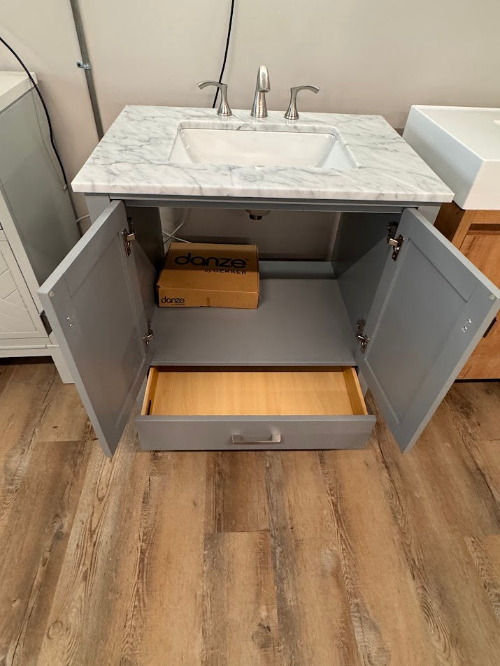 31" Geneva Metal Grey Vanity with White Carrara Marble Counter-Top, Gerber Brushed Nickel Faucet, and *Optional* Lyra LED Mirror