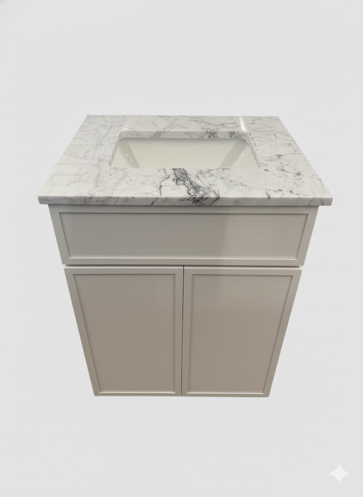24" Slim Shaker Dove Cabtech with Carrera Marble & Sink