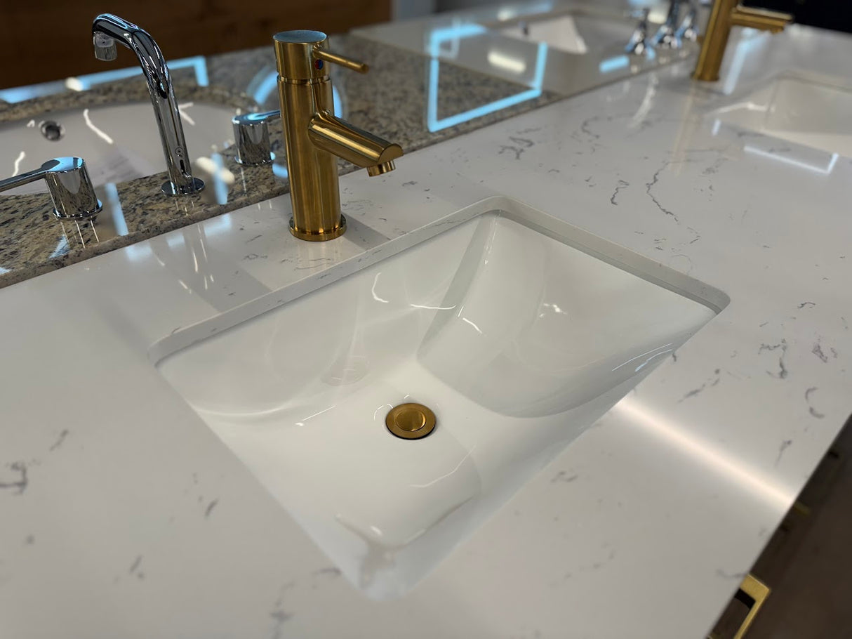 Beckett 84" Inch Double Bathroom Vanity Cultured Marble Countertop Undermount Square Sinks /w Symmons SLS-3512-BBZ-1.5 Dia Single Hole Single-Handle Bathroom Faucet with Drain Assembly in Brushed Bronz