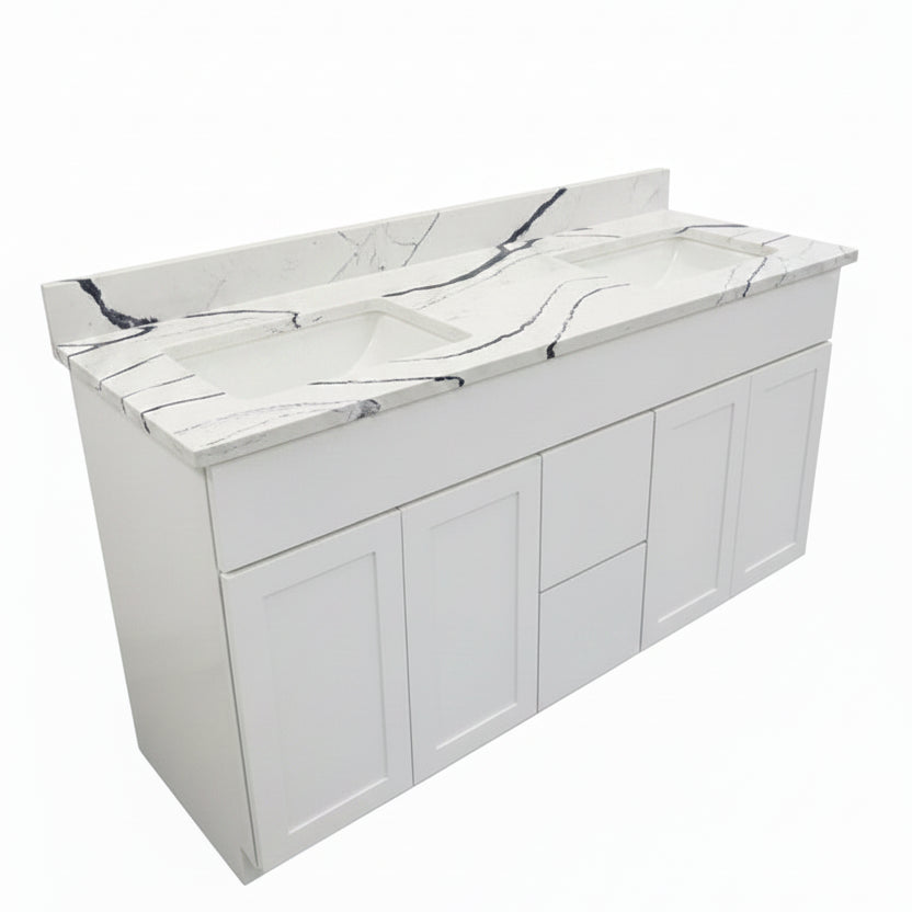 60" Shaker Dove Double Vanity by Cab-Tec – Solid Wood, Soft Close, Quartzite