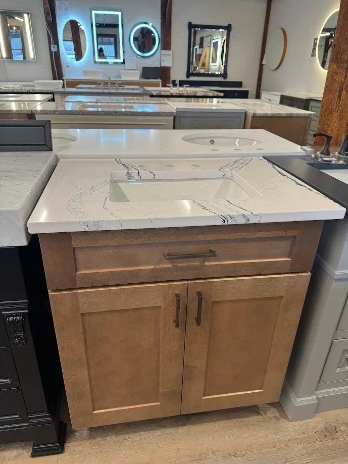 30" Salted Carmel Vanity + Cambria Port Rush Vanity Top + Tumbled Bronze Knobs