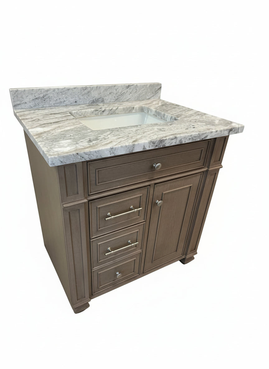 Bathroom vanity with marble countertop on a gray background