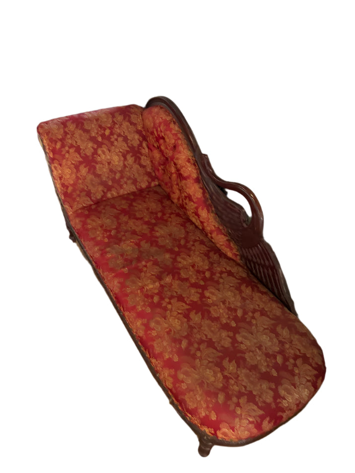 Victorian Tufted Fainting Couch – Carved Wood & Red Damask