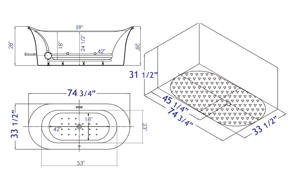 EAGO AM1900 74" White Free Standing Air Bubble Bathtub