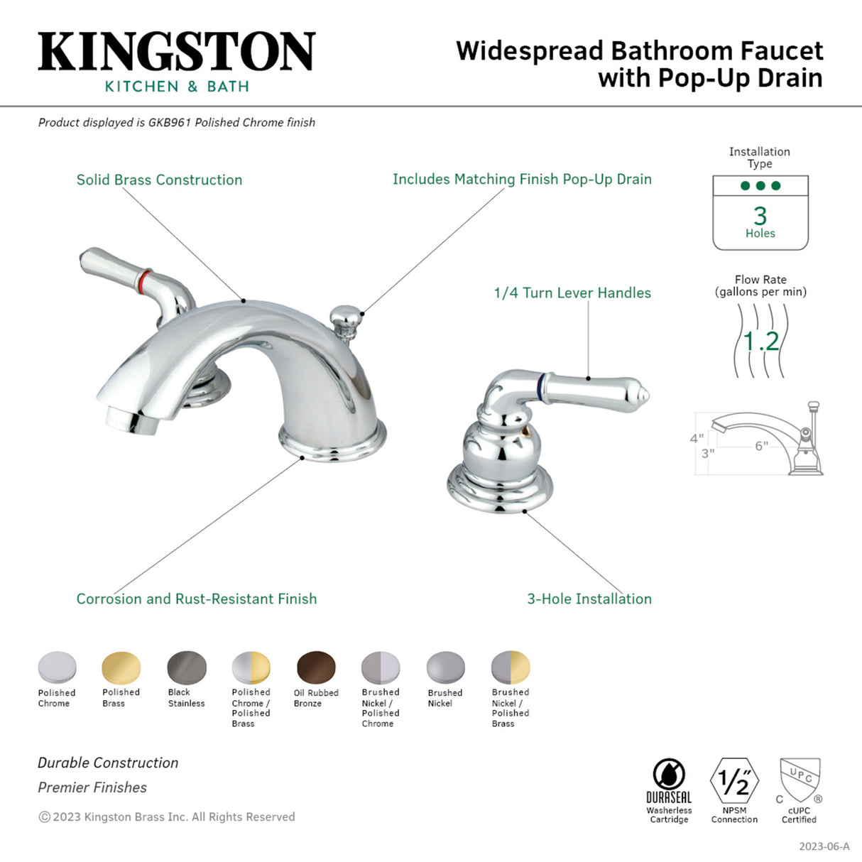 Kingston Brass GKB964 Widespread Bathroom Faucet, Polished Chrome/Polished Brass