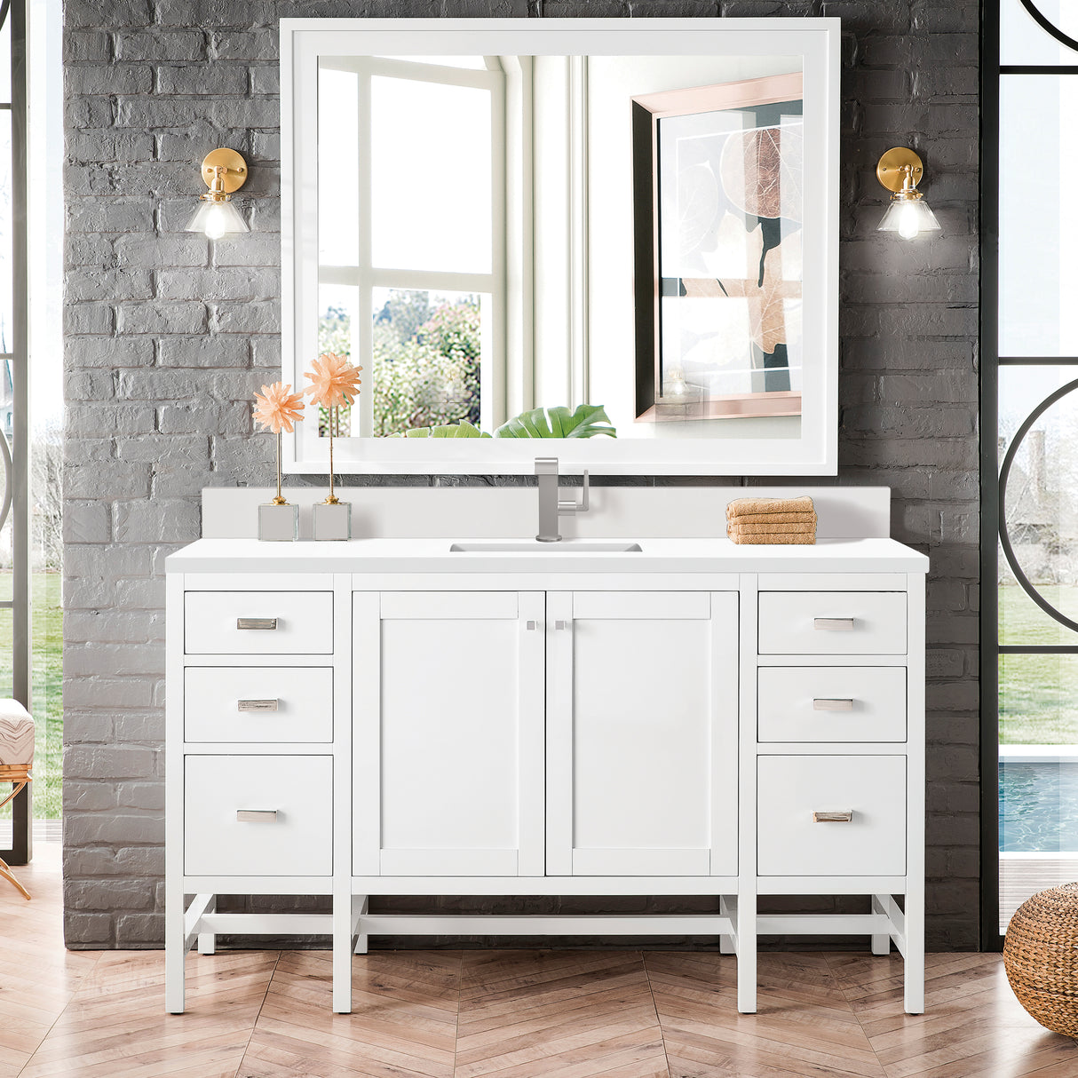 Addison 60" Single Vanity, Glossy White w/ Single Hole 3 CM White Zeus Silestone Top & Backsplash