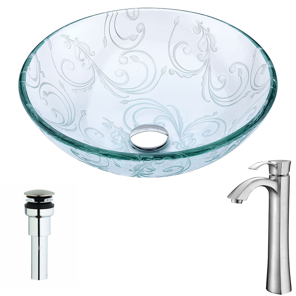 ANZZI LSAZ065-095B Vieno Series Deco-Glass Vessel Sink in Crystal Clear Floral with Harmony Faucet in Brushed Nickel