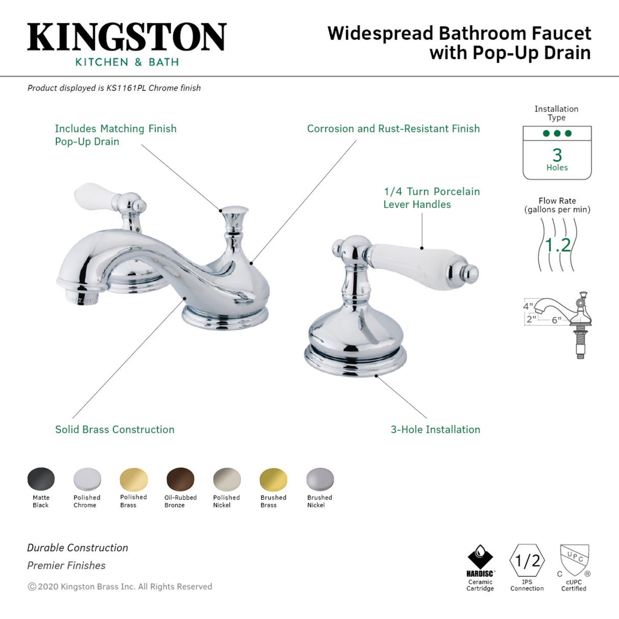 Kingston Brass KS1162PL 8 in. Widespread Bathroom Faucet, Polished Brass
