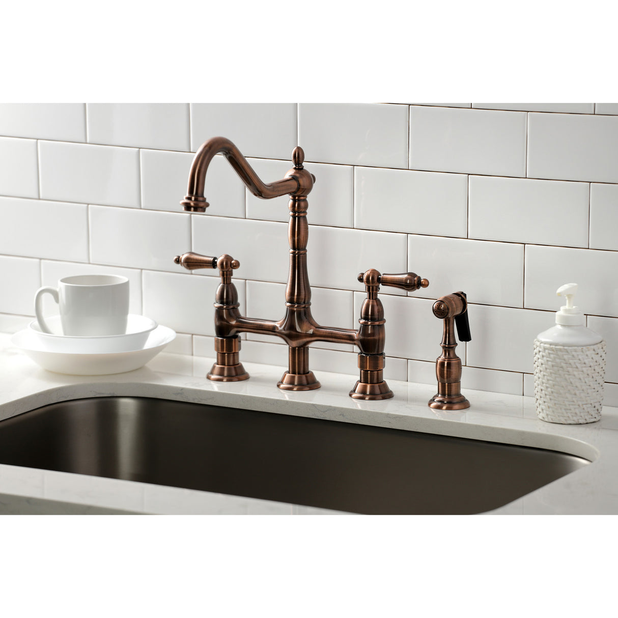 Kingston Brass KS127ALBSAC Heritage Bridge Kitchen Faucet with Brass Sprayer, Antique Copper