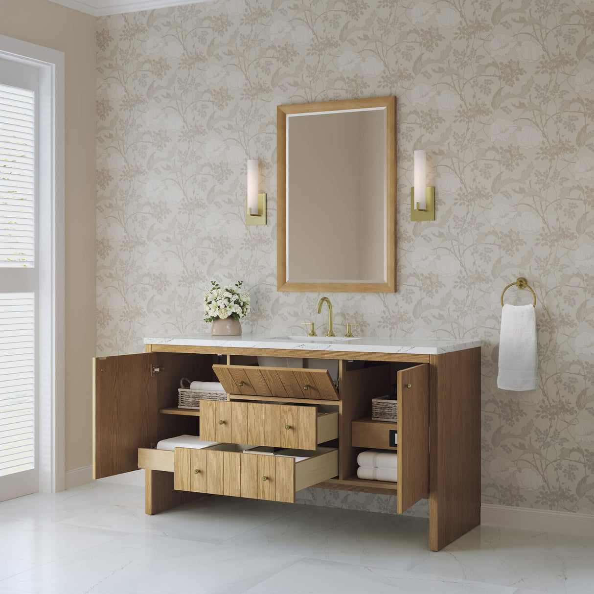 Hudson 60" Single Vanity, Light Natural Oak w/ 3 CM Ethereal Noctis Top w/ FreePower Wireless Charger
