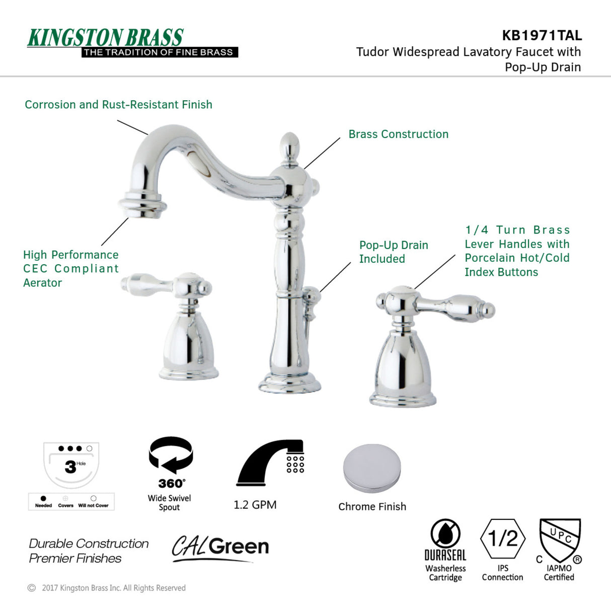 Kingston Brass KB1971TAL Tudor Widespread Bathroom Faucet with Plastic Pop-Up, Polished Chrome