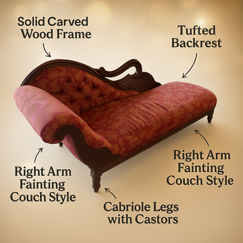 Victorian Tufted Fainting Couch – Carved Wood & Red Damask