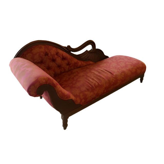Vintage-style chaise lounge with labeled features on a beige background