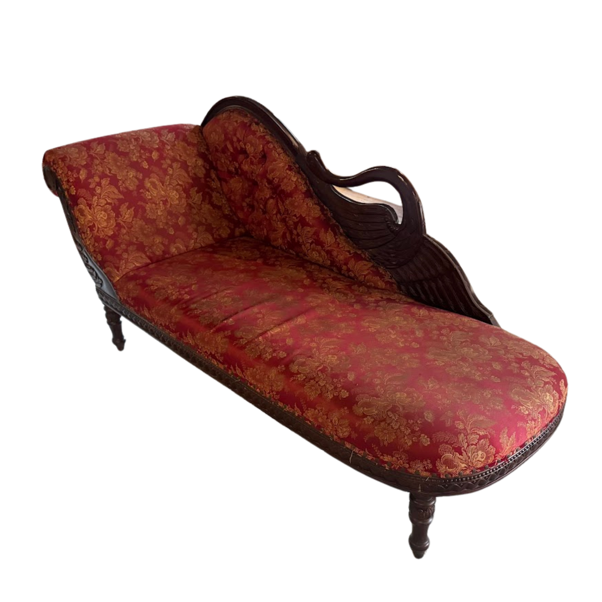 Victorian Tufted Fainting Couch – Carved Wood & Red Damask