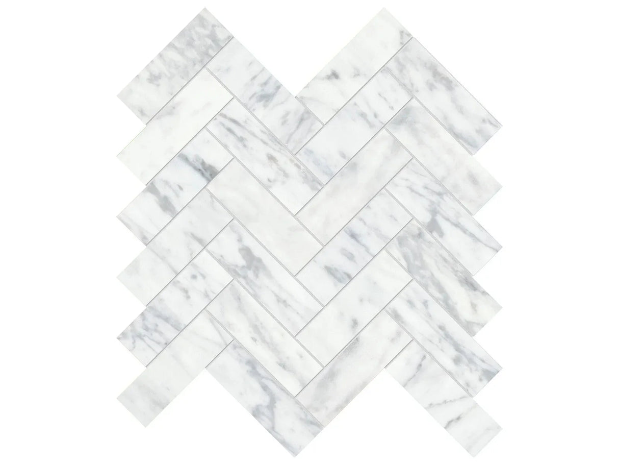 Anatolia Tile 1.25X4 Virtue Bianco Herringbone Honed Marble Mosaic 5001-0278-0 * 1 Sheet = .89 Sqft * Virtue Bianco Herringbone - premium natural stone mosaic tile from Anatolia Tile, available at PoshHaus showroom in Keene, NH