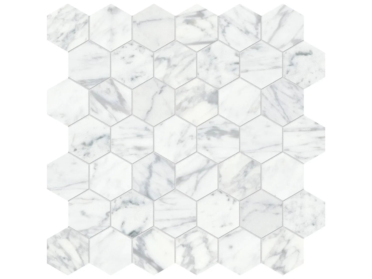 Anatolia Tile 2" Hex Virtue Bianco Honed Marble Mosaic 5001-0277-0 * 1 Sheet = .99 Sqft * Virtue Bianco Hexagon 2" - premium natural stone mosaic tile from Anatolia Tile, available at PoshHaus showroom in Keene, NH