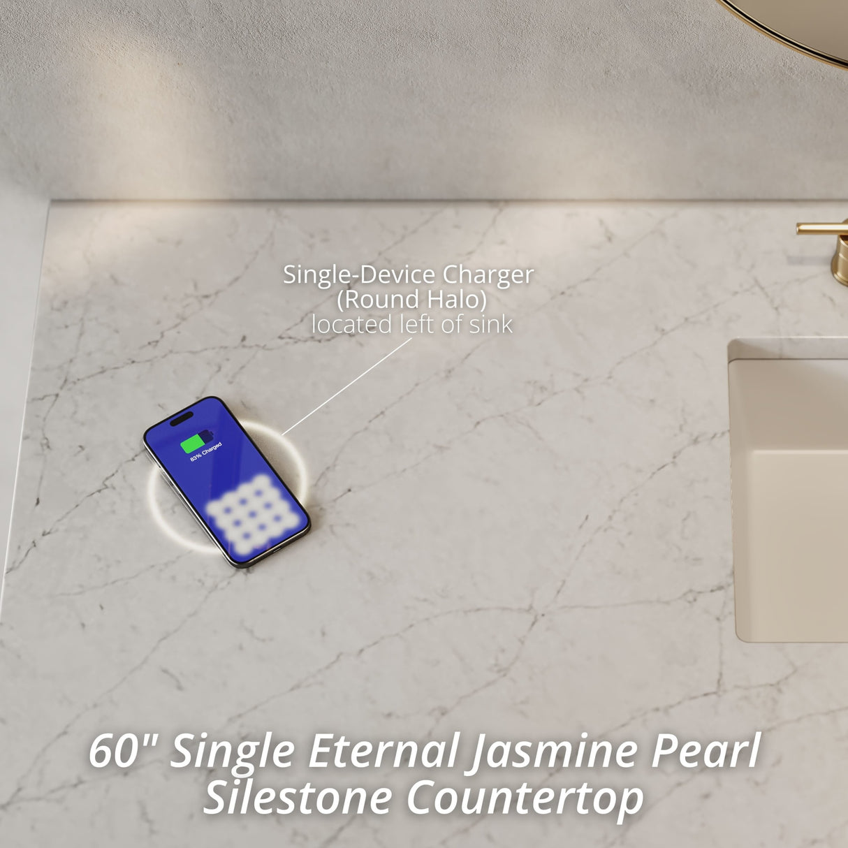 Breckenridge 60" Single Vanity, Serenity Blue, w/ 3 CM Eternal Jasmine Pearl Silestone Top w/ FreePower Wireless Charger