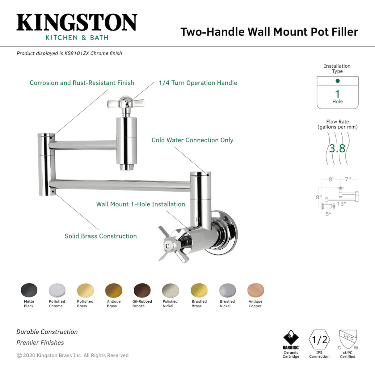 Kingston Brass KS8102ZX Millennium Wall Mount Pot Filler Kitchen Faucet, Polished Brass