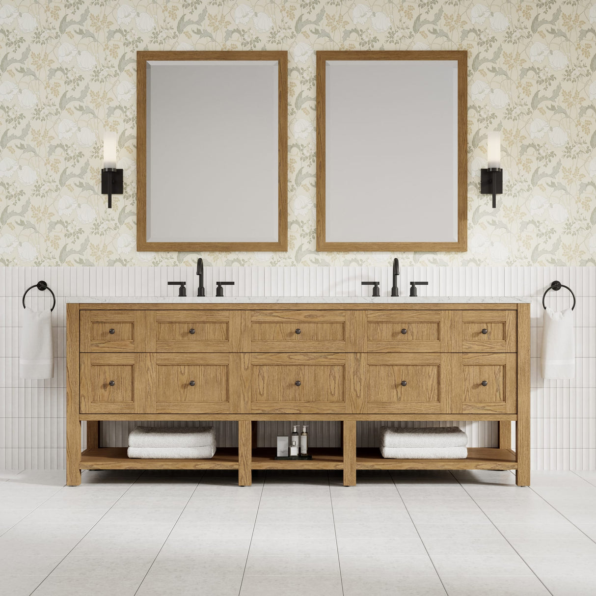 Breckenridge 84" Double Vanity, Light Natural Oak w/ 3 CM Eternal Jasmine Pearl Top