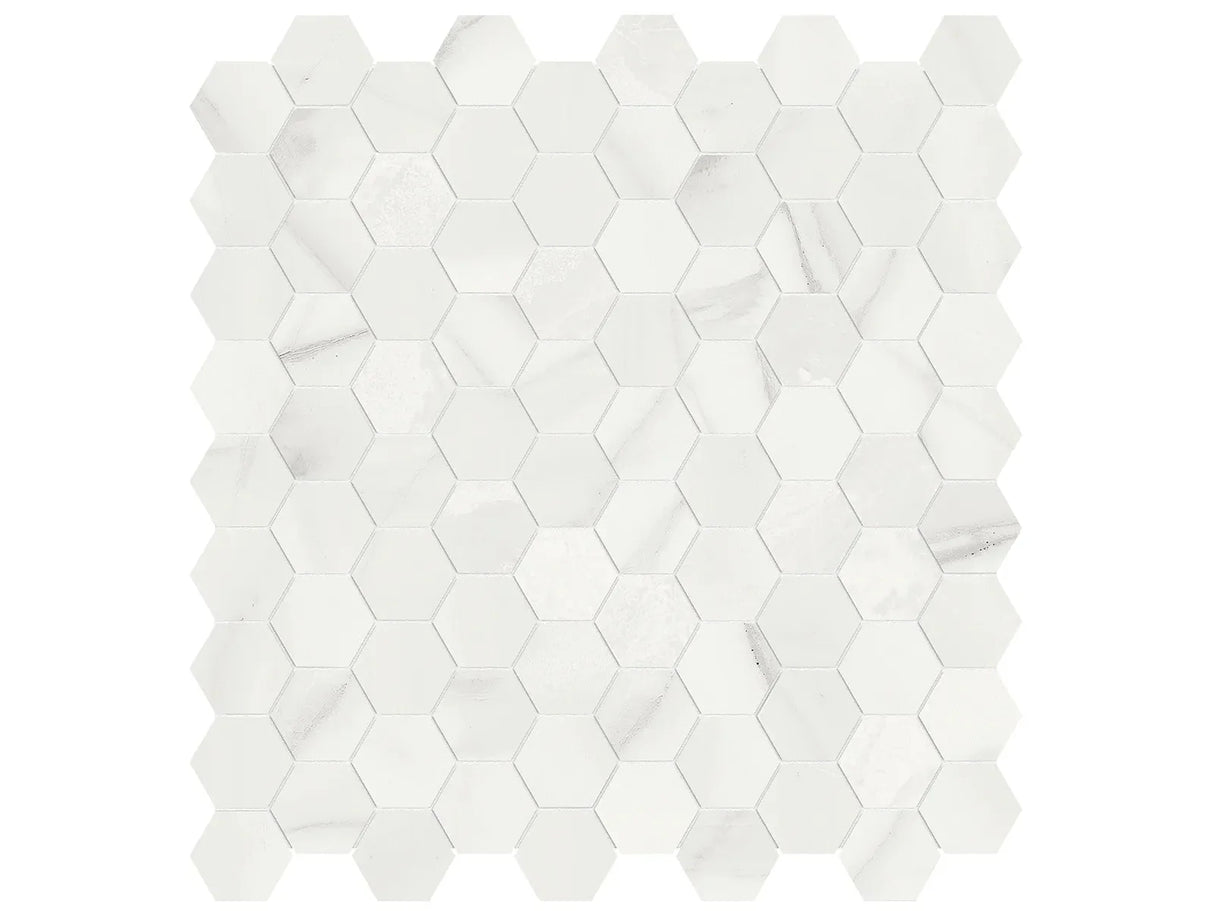 Anatolia Tile 1.25 Inch Mayfair Volakas Grigio Polished Porcelain Hexagon Mosaics 1 Sheet = .97 Sq. Ft. 4501-0151-1 Volakas Grigio 1.25" Hexagon - premium natural stone mosaic tile from Anatolia Tile, available at PoshHaus showroom in Keene, NH