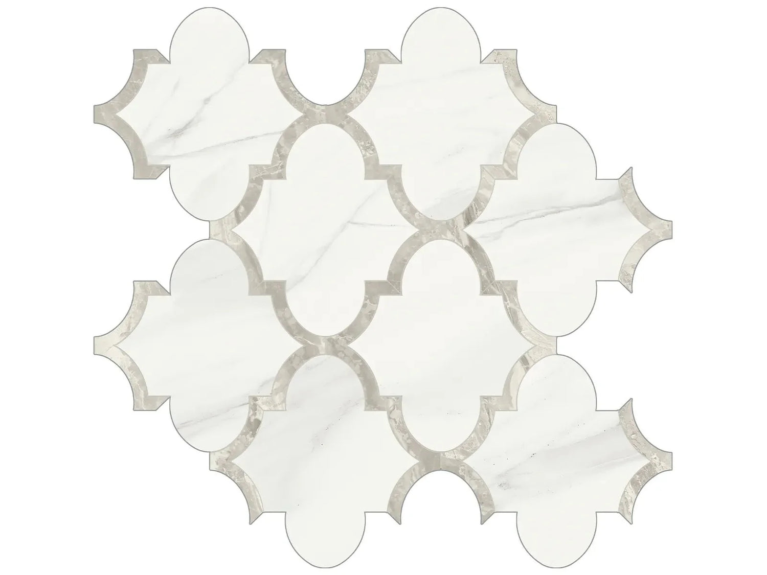 Anatolia Tile Mayfair Volakas Grigio Arabesque Polished Porcelain Mosaics. 1 Sheet = .97 Sq. Ft. 4501-0134-1 Volakas Grigio Arabesque - premium natural stone mosaic tile from Anatolia Tile, available at PoshHaus showroom in Keene, NH