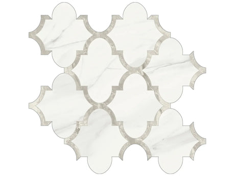 Anatolia Tile Mayfair Volakas Grigio Arabesque Polished Porcelain Mosaics. 1 Sheet = .97 Sq. Ft. 4501-0134-1 Volakas Grigio Arabesque - premium natural stone mosaic tile from Anatolia Tile, available at PoshHaus showroom in Keene, NH
