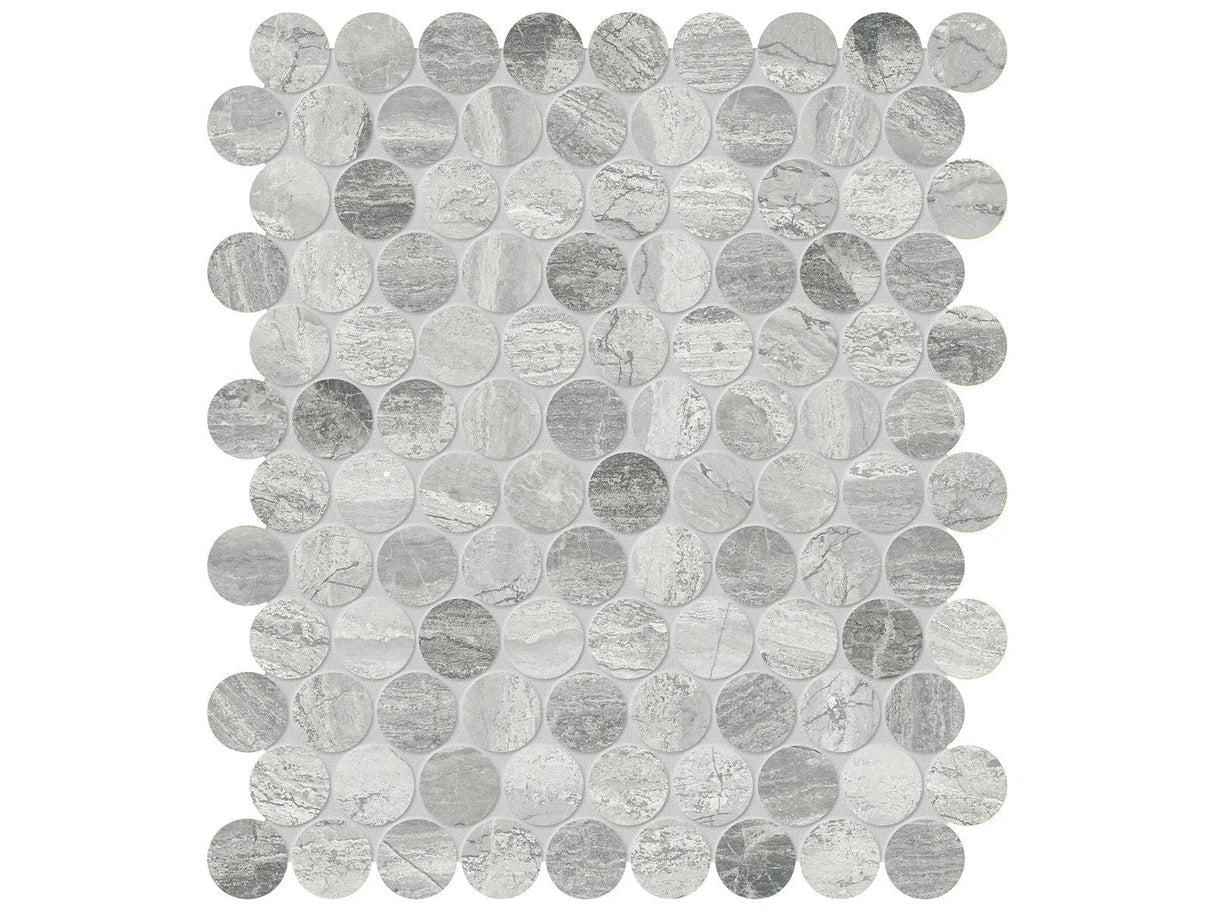 Anatolia Tile 1.25" Volcana Notte Penny Round Honed Marble Mosaic 5001-0327-0 * 1 Sheet = .99 Sqft * Volcana Notte Penny Round - premium natural stone mosaic tile from Anatolia Tile, available at PoshHaus showroom in Keene, NH