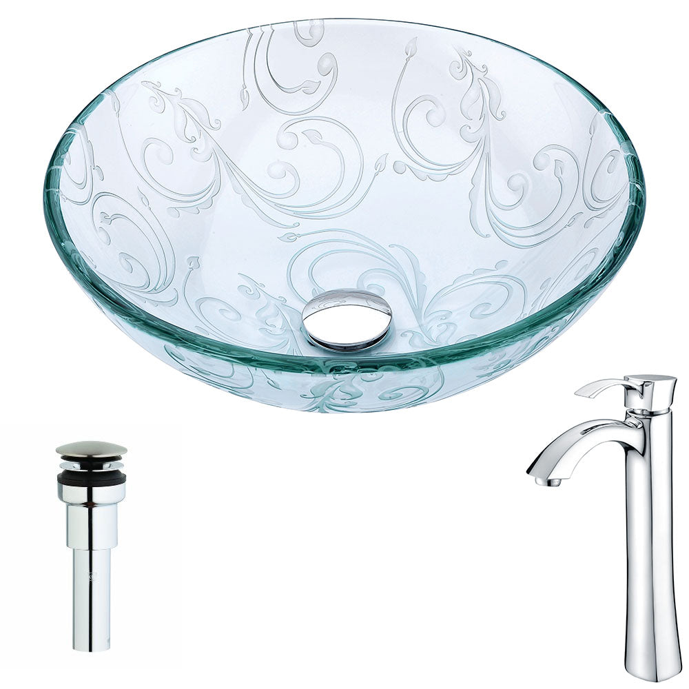 ANZZI LSAZ065-095 Vieno Series Deco-Glass Vessel Sink in Crystal Clear Floral with Harmony Faucet in Chrome