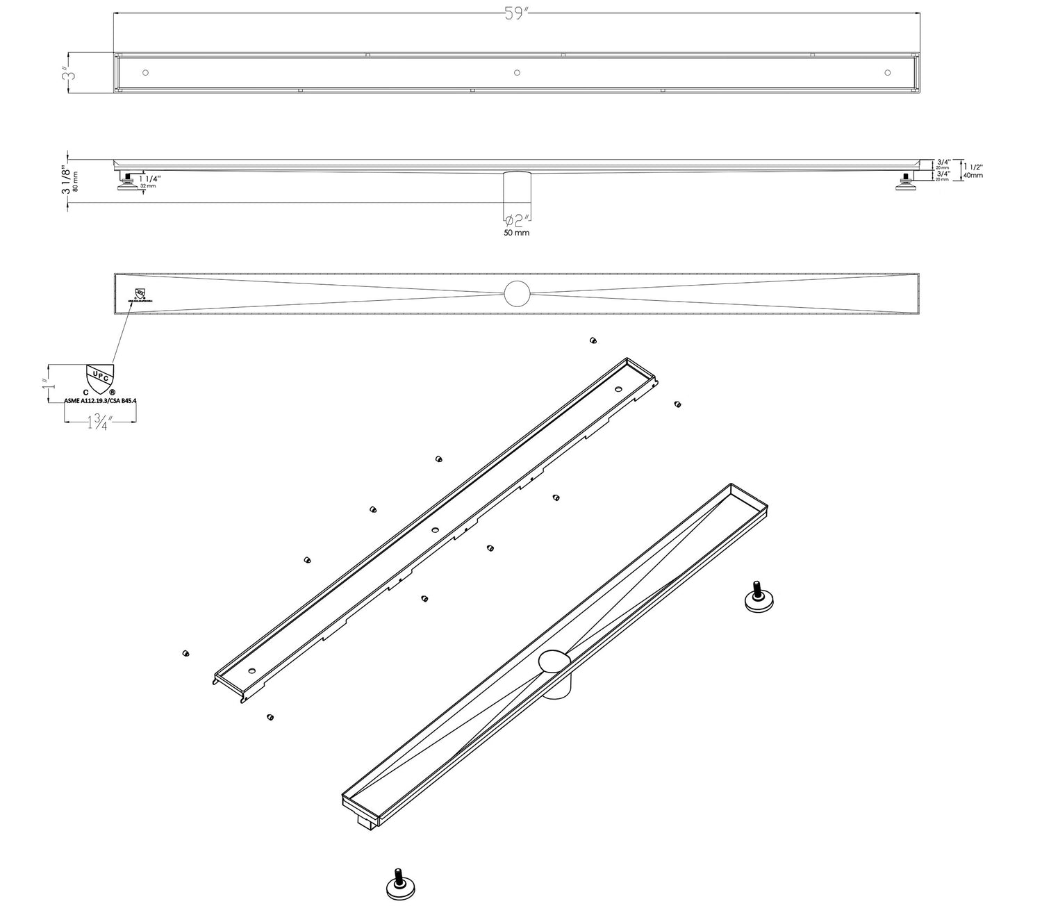 ALFI brand 59" Stainless Steel Linear Shower Drain with No Cover