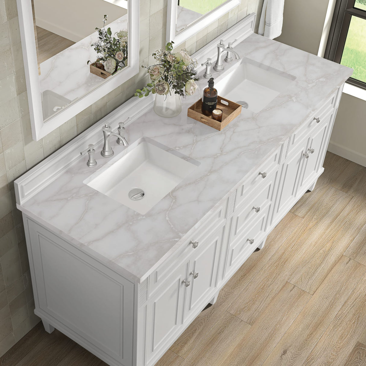 Lorelai 72" Double Vanity, Bright White w/ 3 CM Victorian Silver Silestone Top