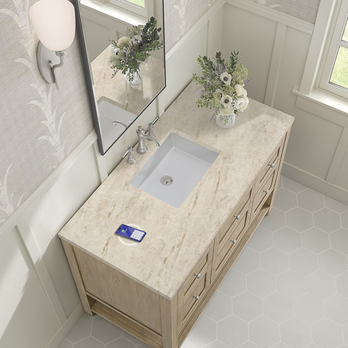 Breckenridge 48" Single Vanity, Whitewashed Oak, w/ 3 CM Tajnar Eclos Top w/FreePower Wireless Charger