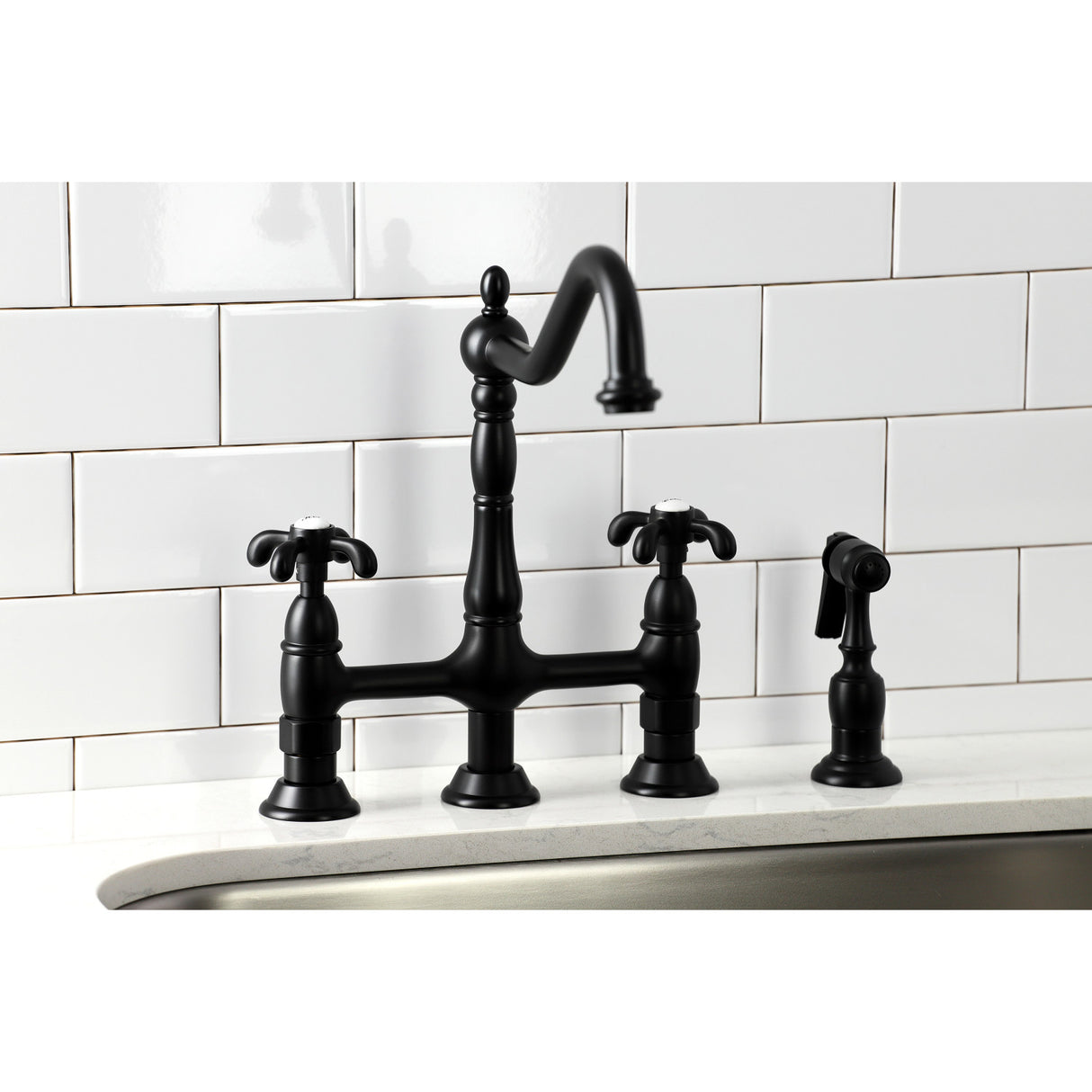 Kingston Brass KS1270TXBS French Country Bridge Kitchen Faucet with Brass Sprayer, Matte Black