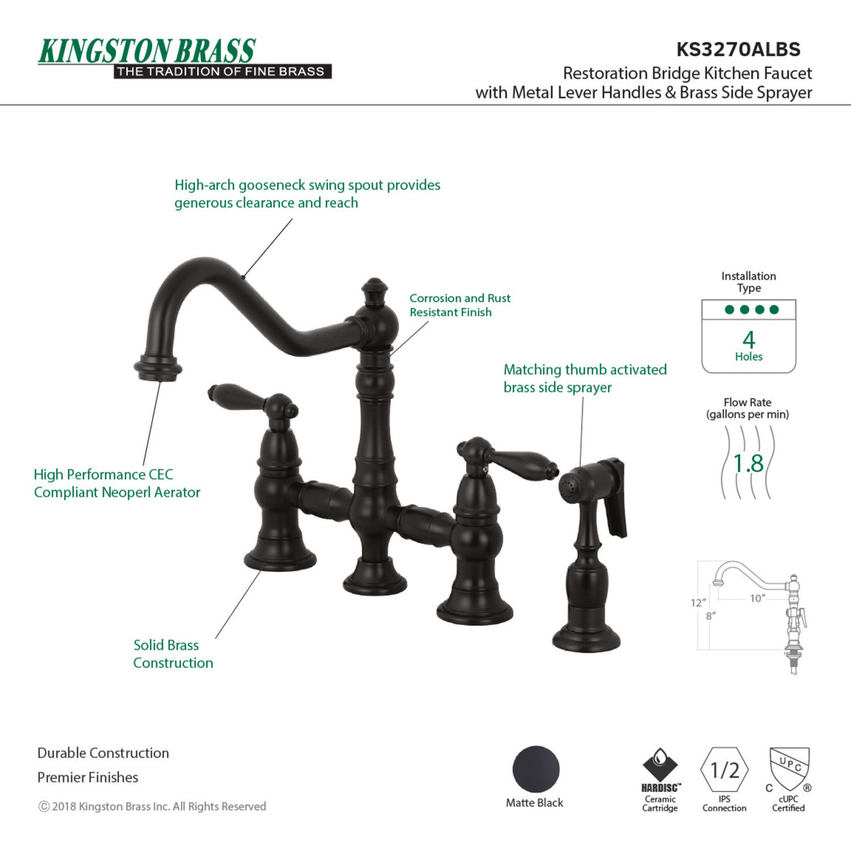 Kingston Brass KS3270ALBS Kitchen Faucet with Side Sprayer, Matte Black
