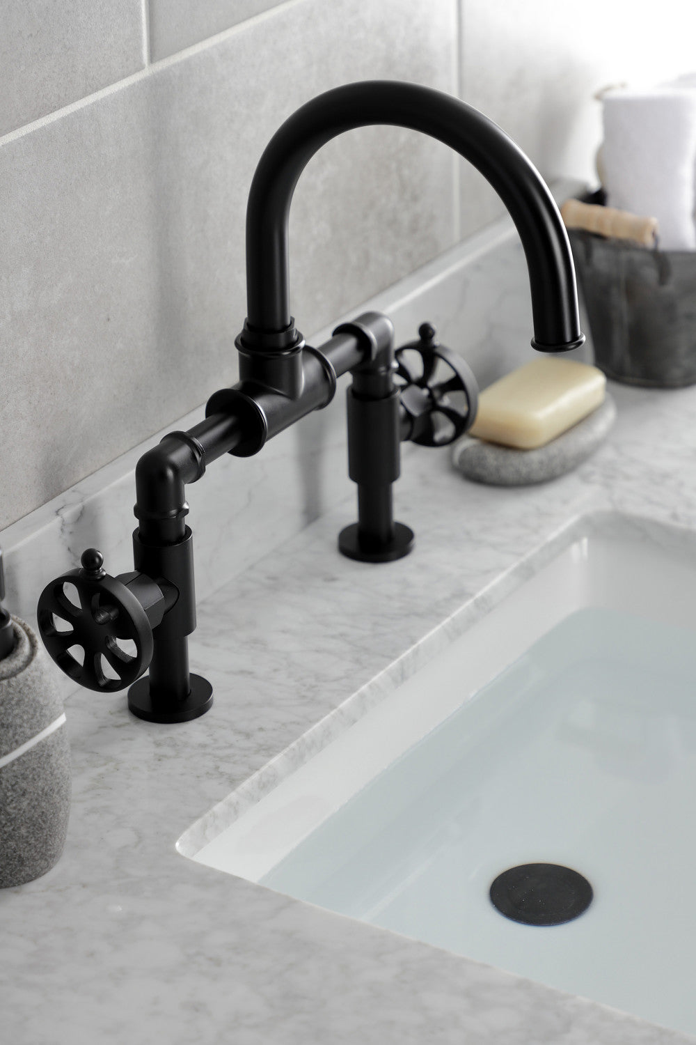 Kingston Brass KS2170RX Belknap Industrial Style Wheel Handle Bridge Bathroom Faucet with Pop-Up Drain, Matte Black