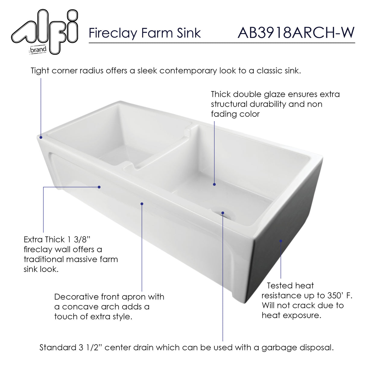 ALFI brand AB3918ARCH-W  39" White Arched Apron Thick Wall Fireclay Double Bowl Farm Sink