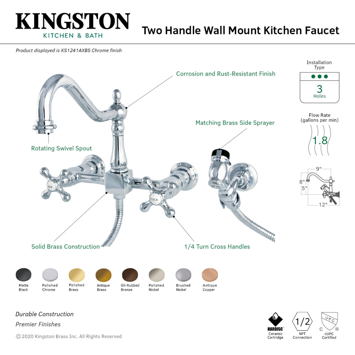 Kingston Brass KS1246AXBS Heritage Wall Mount Bridge Kitchen Faucet with Brass Spray, Polished Nickel