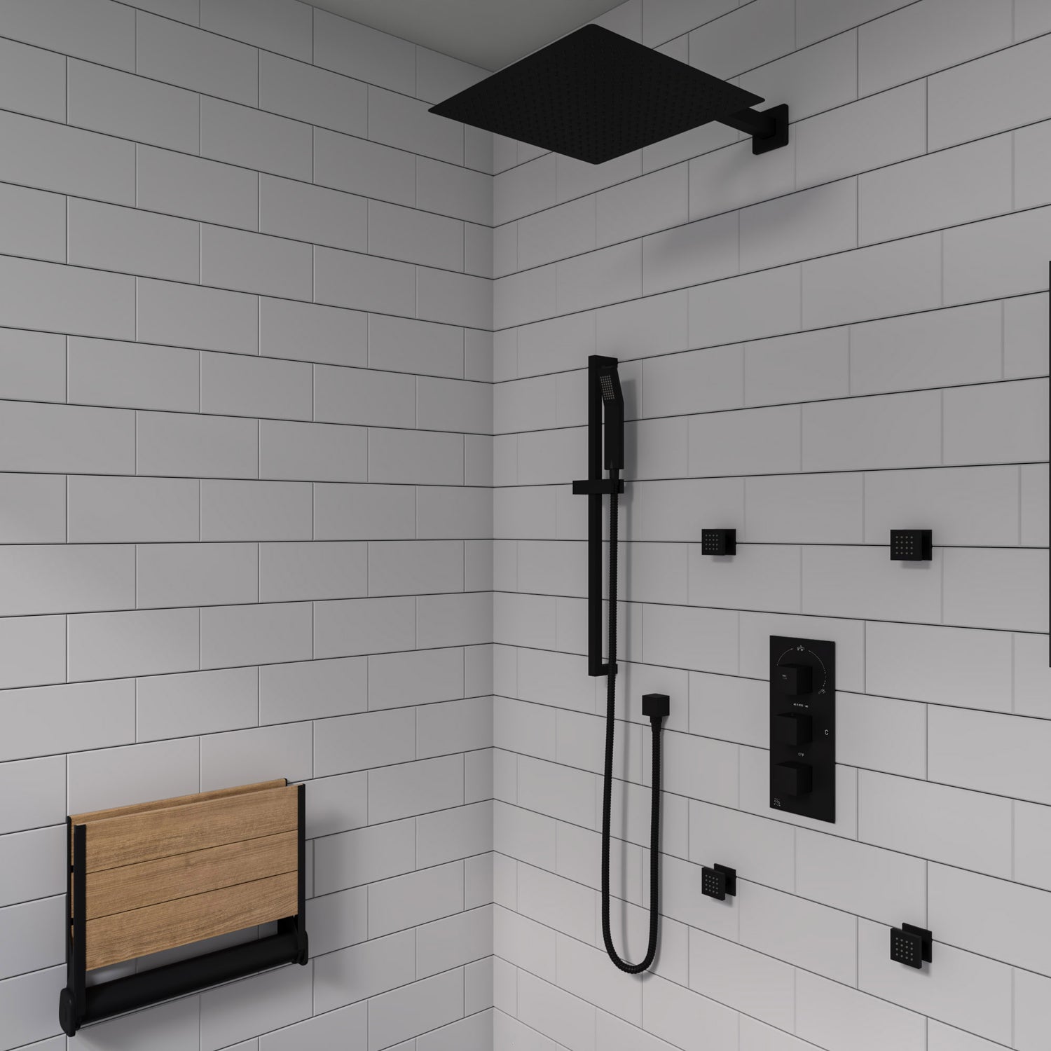 Black Matte 3-Way Thermostatic Valve Shower Mixer Square Knobs