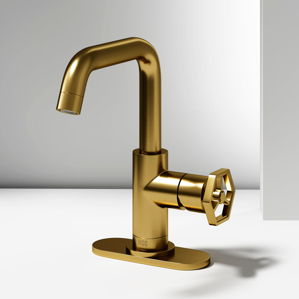 VIGO Ruxton Oblique 1-Handle Single Hole Bathroom Faucet with Deck Plate in Matte Brushed Gold VG01051MGK1