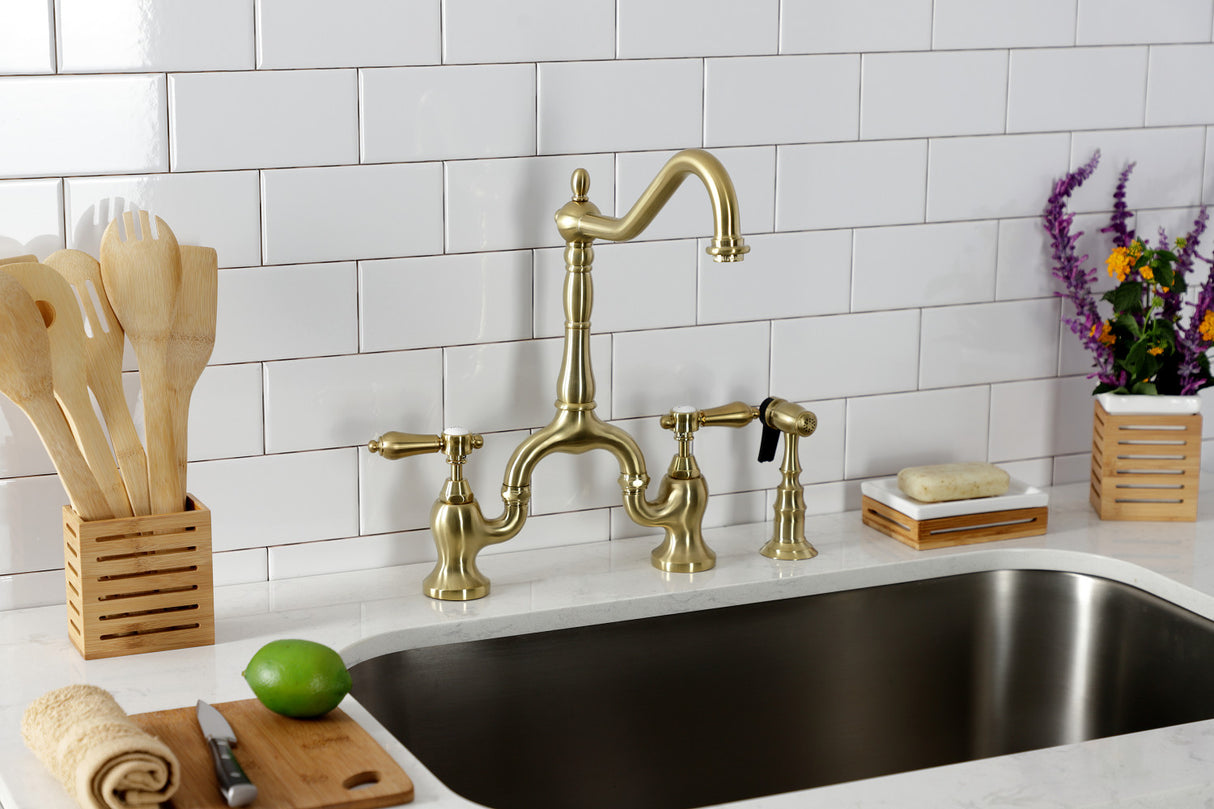 Kingston Brass KS7757BALBS Heirloom Bridge Kitchen Faucet with Brass Sprayer, Brushed Brass
