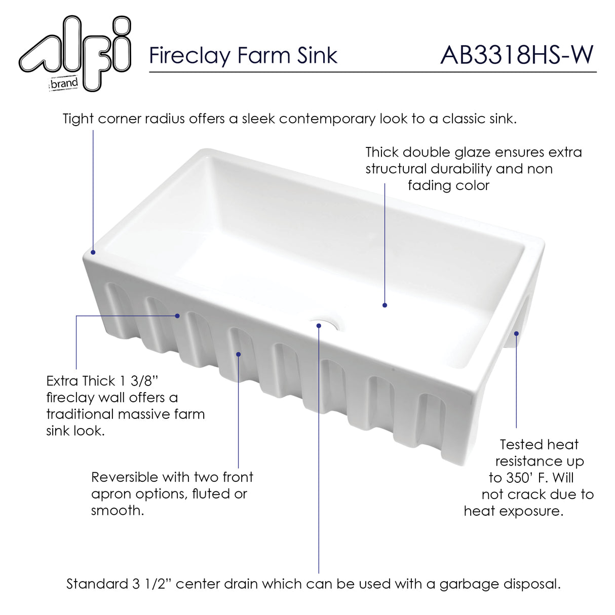 ALFI brand AB3318HS-W White 33" x 18" Reversible Fluted / Smooth Single Bowl Fireclay Farm Sink