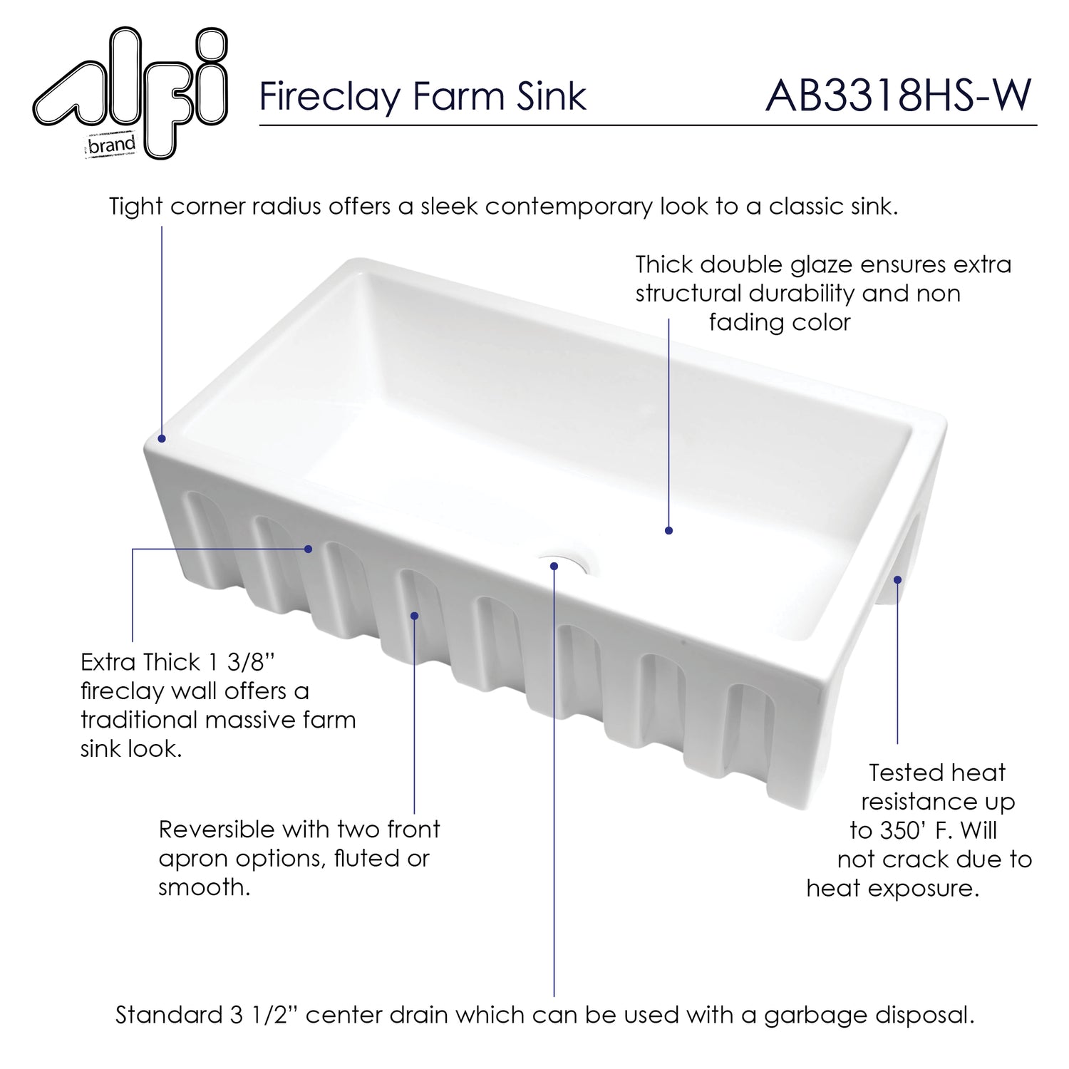 ALFI brand AB3318HS-W White 33" x 18" Reversible Fluted / Smooth Single Bowl Fireclay Farm Sink